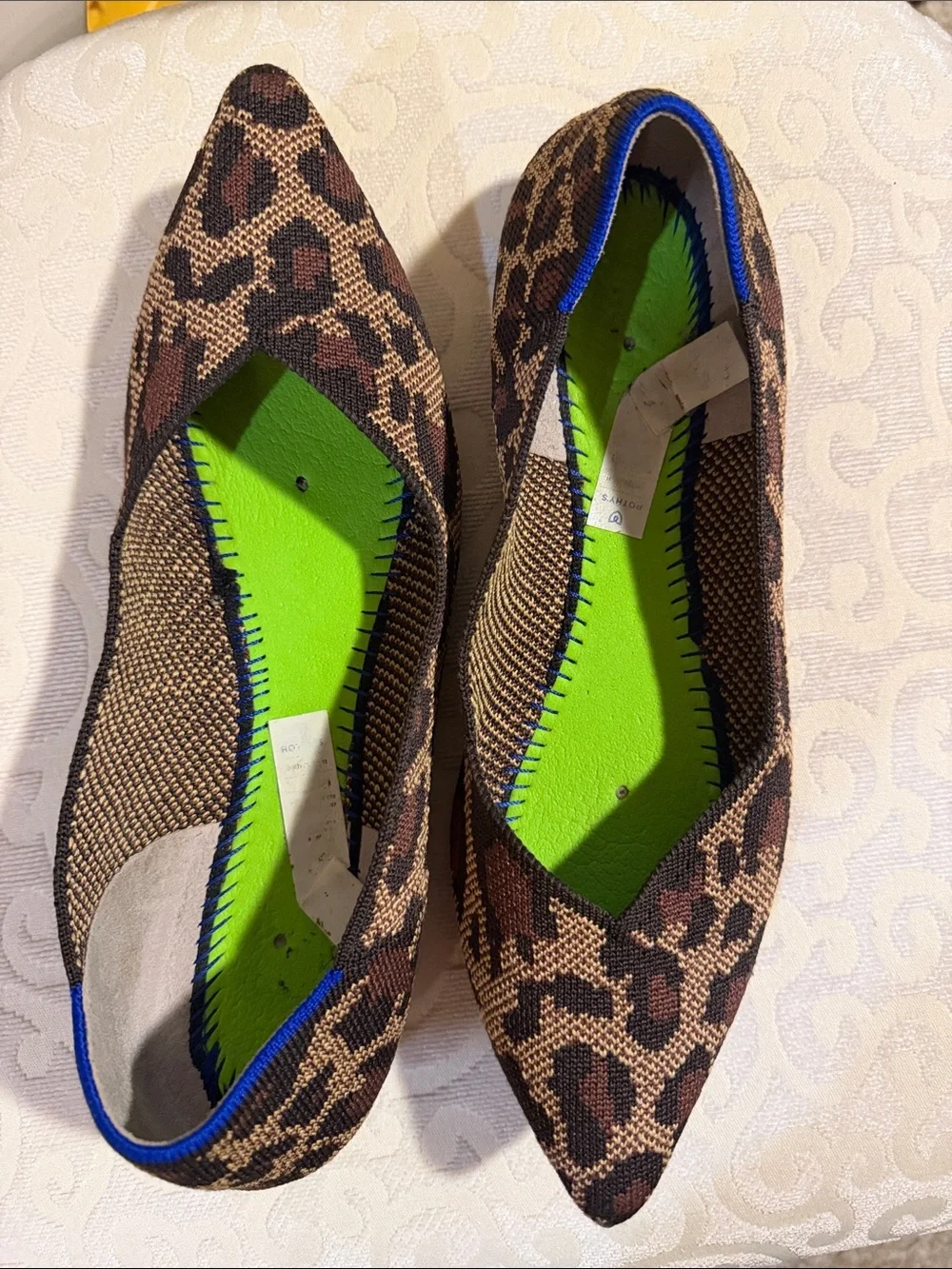 Rothy's Leopard-Print Pointed-Toe Flats with Neon Green Insole